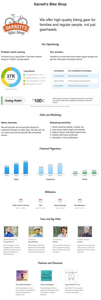 LivePlan One Page business Pitch example