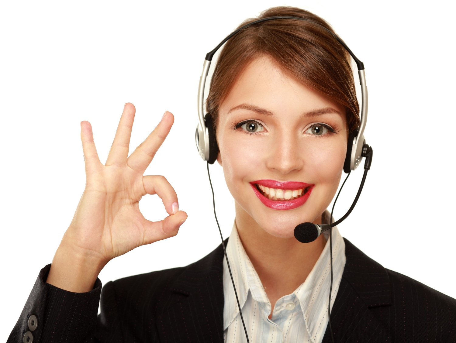 Customer service woman on headset gives OK