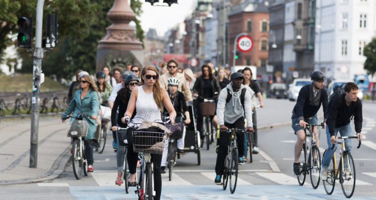 Droves of bike commuters in Copenhagen, the capital city of Denmark.
