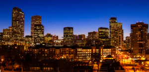 The Denver skyline at night.